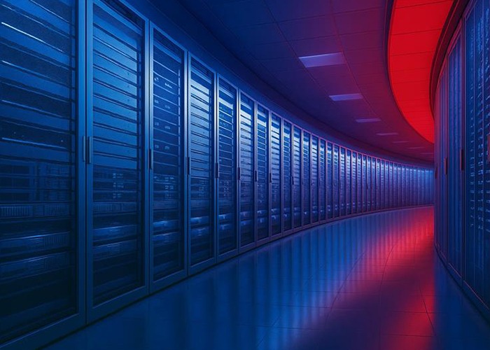 Abstract image of a curving walkway with servers on both sides