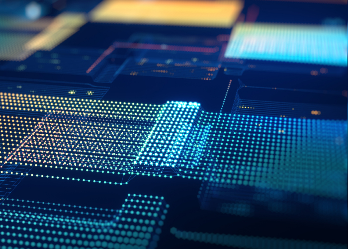 Abstract block patterns in blue shades