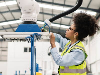 An employee working on a machinery wearing a hazard jacket