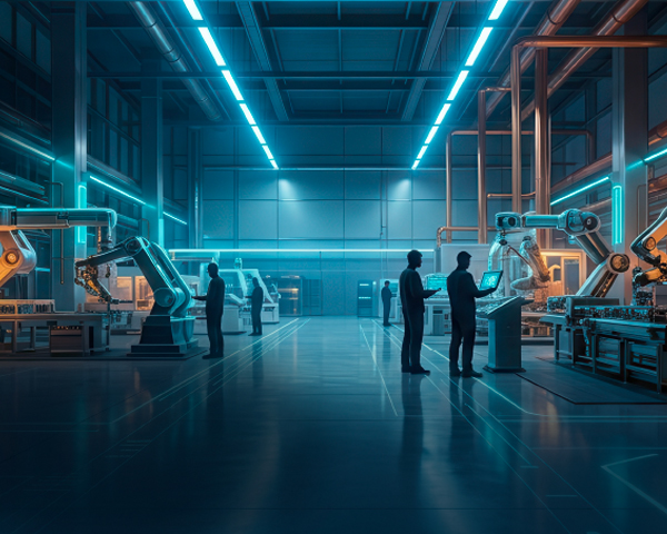 Factory floor with robots and workers under blue lighting.