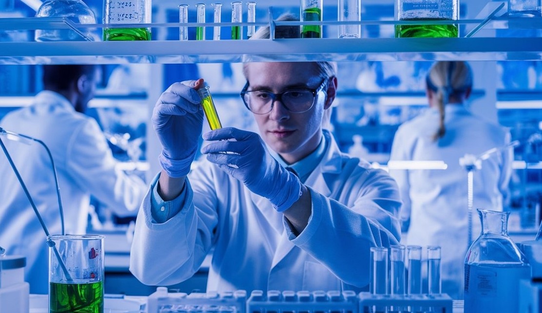 investigador en primer plano con probeta en laboratorio