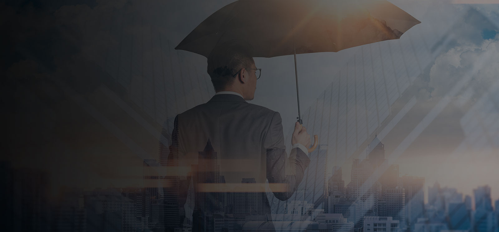 The double exposure image of the Businessmen are spreading umbrella during sunrise overlay with cityscape image. The concept of modern life, business, insurance and protection.