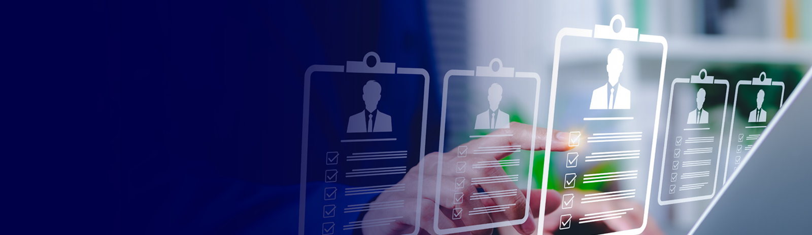 A finger pointing at a graphical selection process to represent hiring choices.