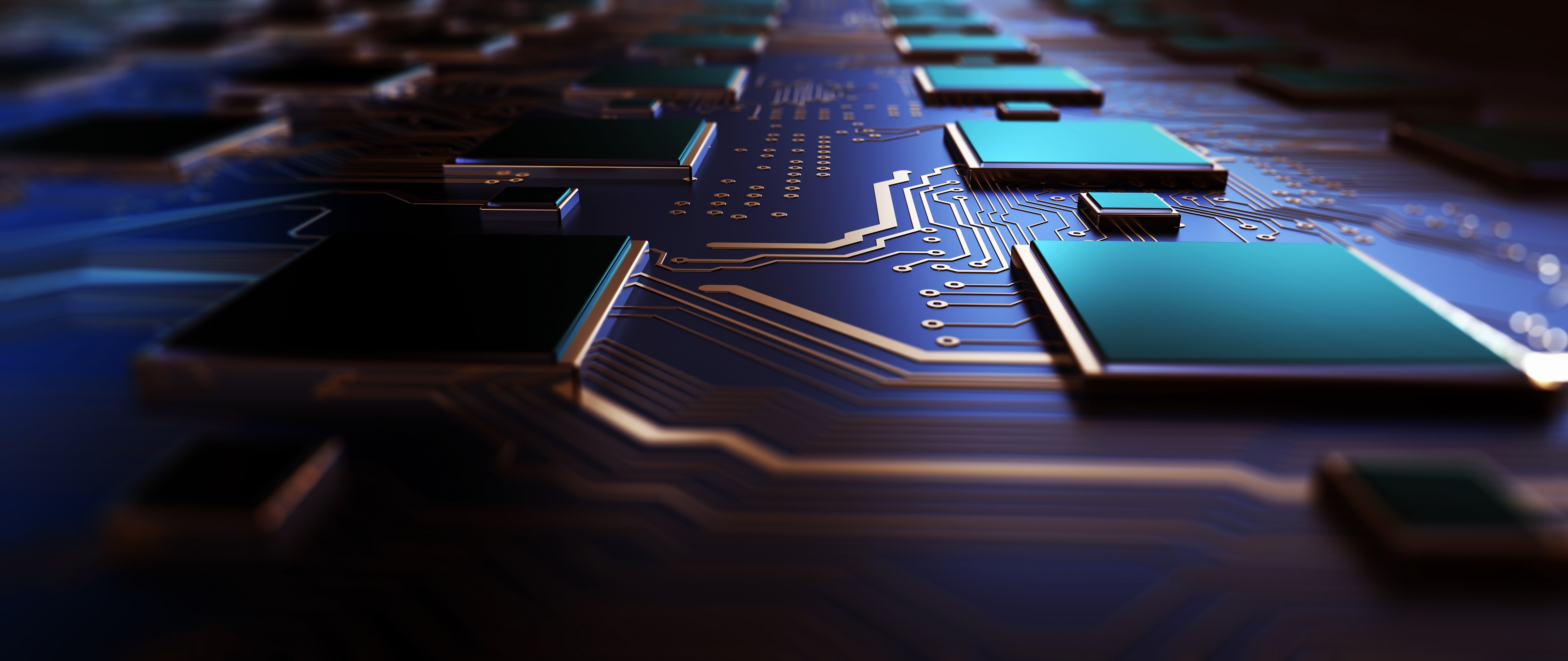 Circuit board futuristic server code processing. Orange,  green, blue technology background with bokeh. 3d rendering