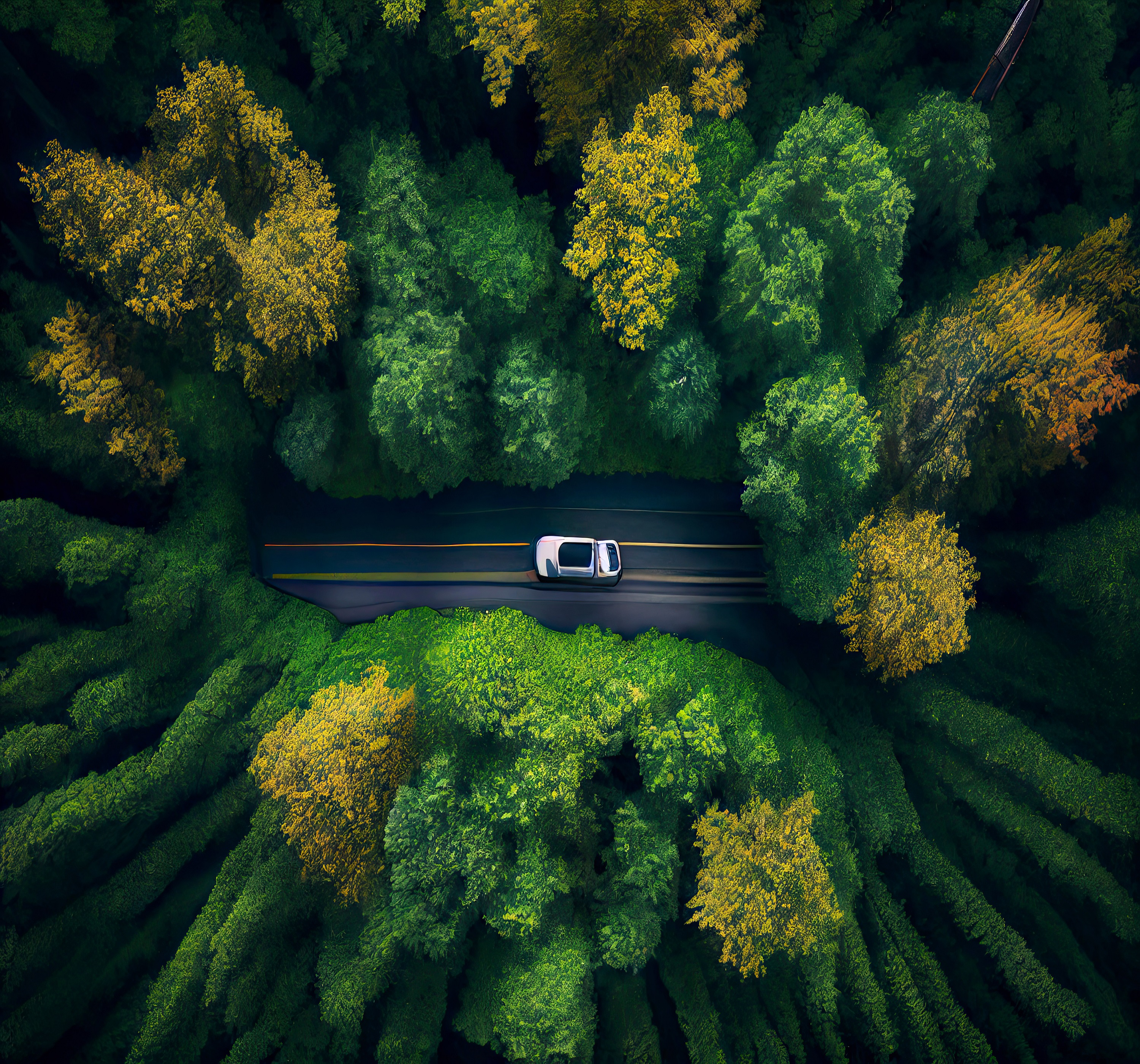 car driving on a curvy road on a mountain in a forrest.Generative AI