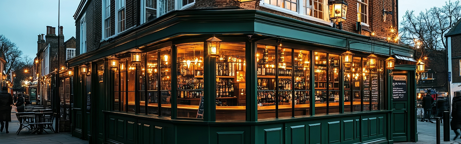 Warm-lit corner pub with large windows, street seating, evening ambience