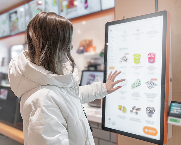 Person using touchscreen self-service kiosk displaying food items indoors retail