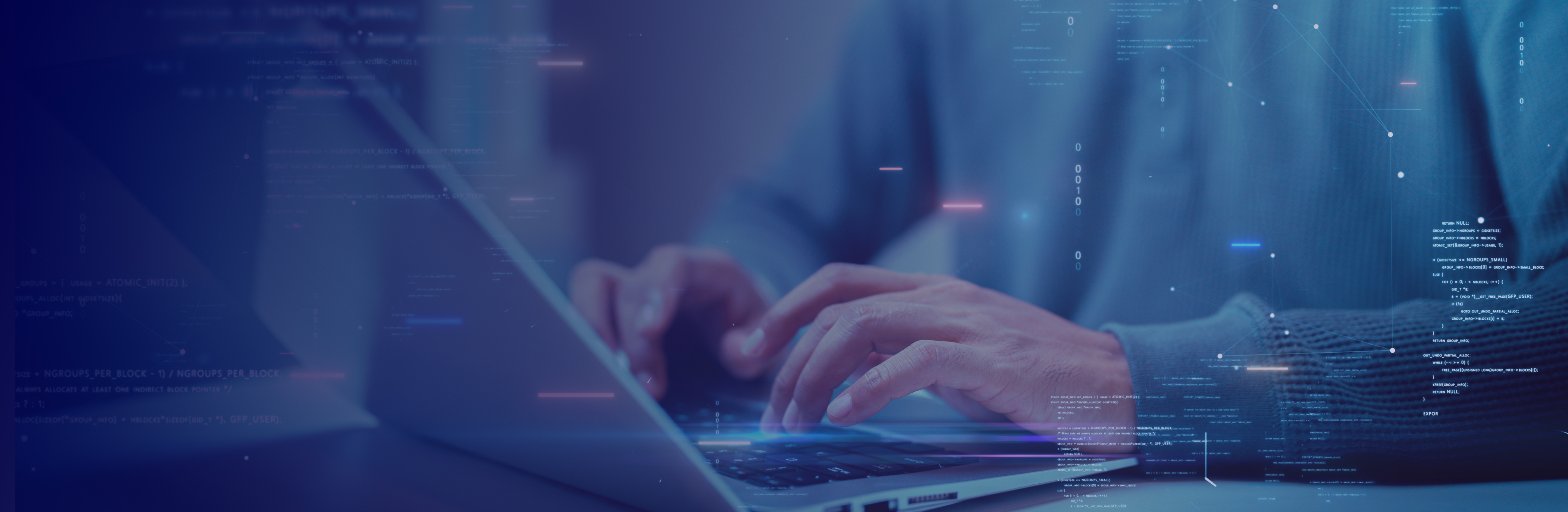 Close up of hands typing on a laptop with digital codes and futuristic data graphics overlay, symbolizing programming, cyber security, and technology innovation. Software Development.