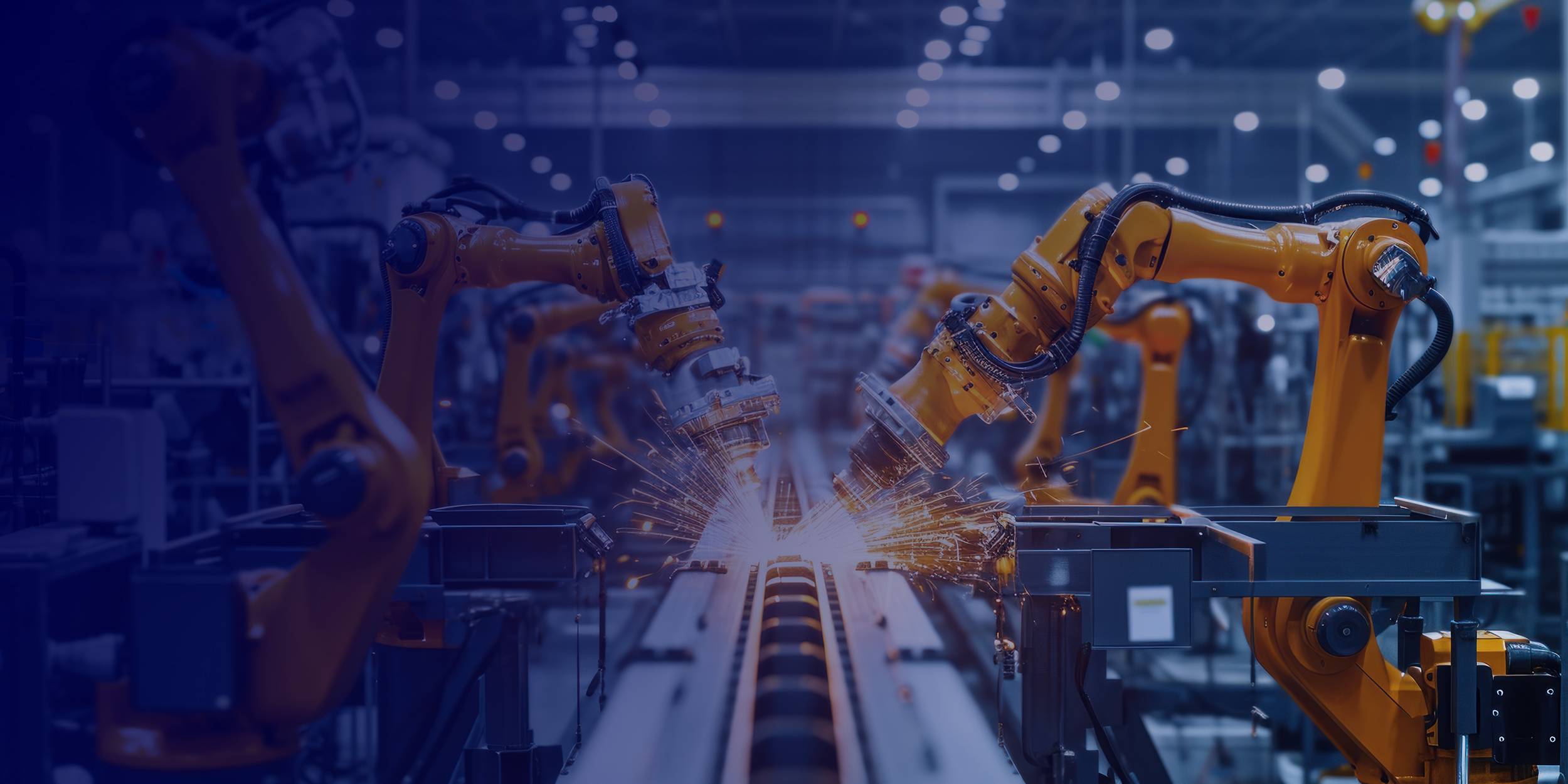 Industrial welding hand robots in manufacturing production lines plants