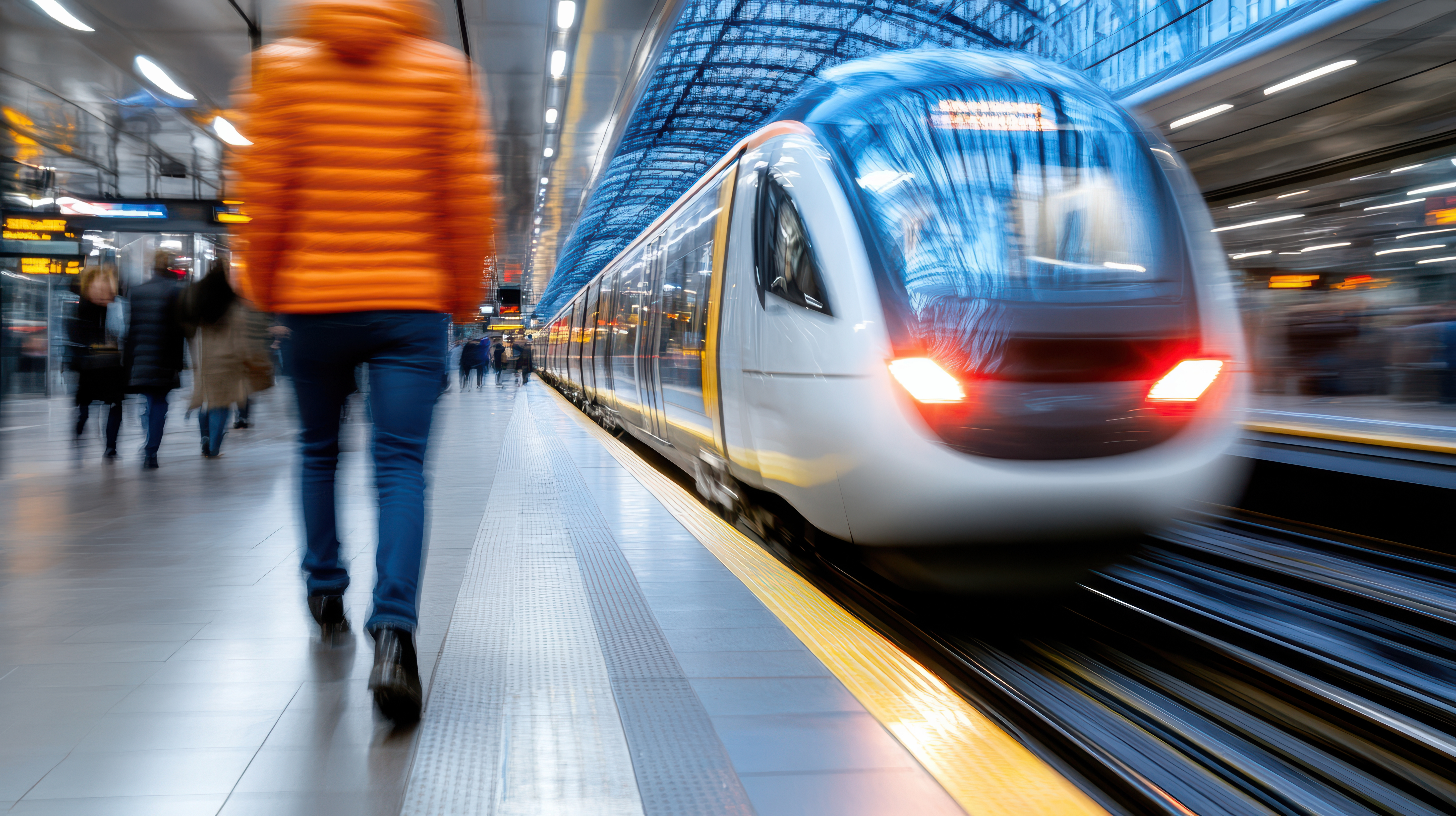 Fast train motion blur busy station commuting urban transport travel public transport railway