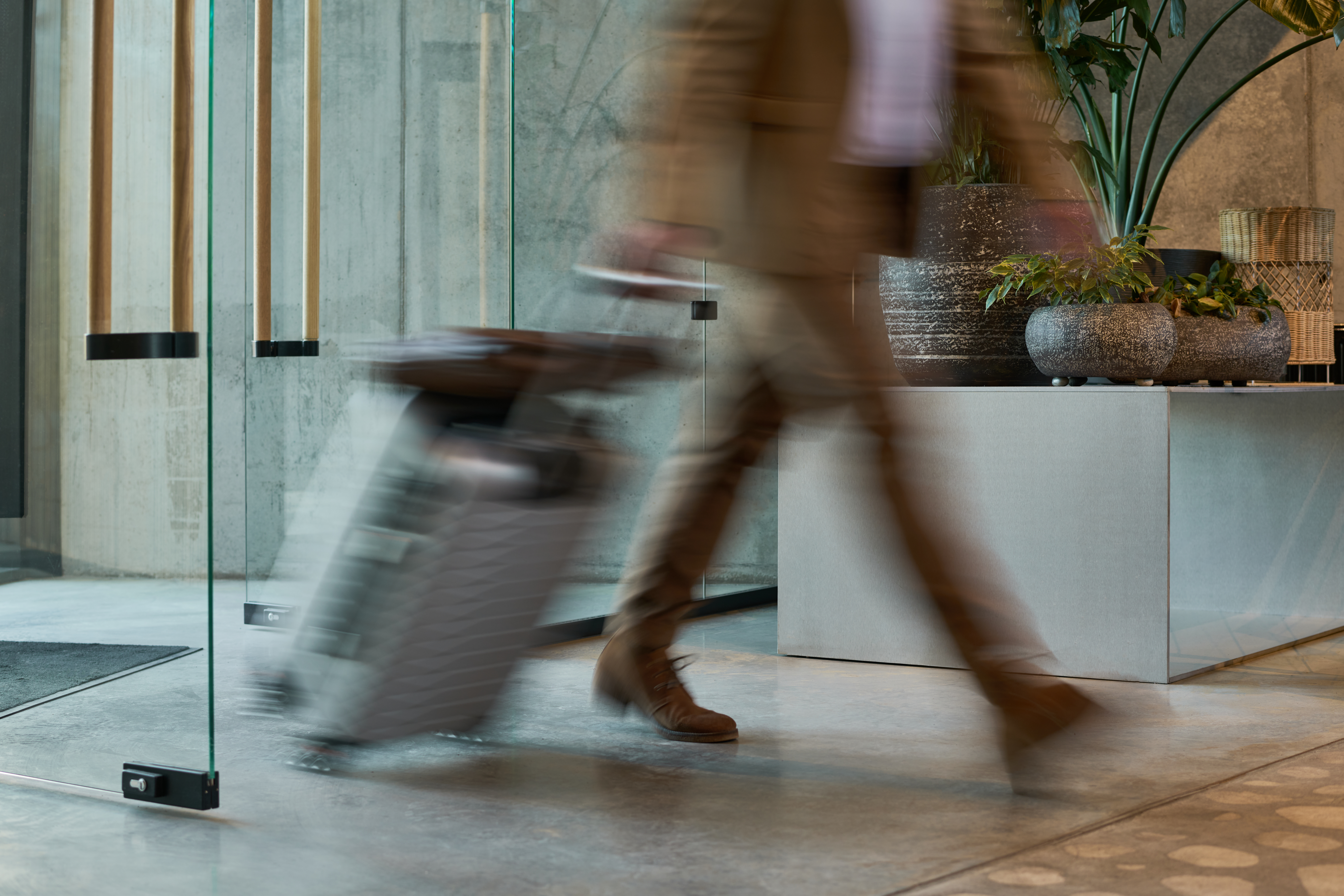 Business professional dragging luggage through sleek, contemporary hotel lobby with plants and design elements contributing to stylish environment