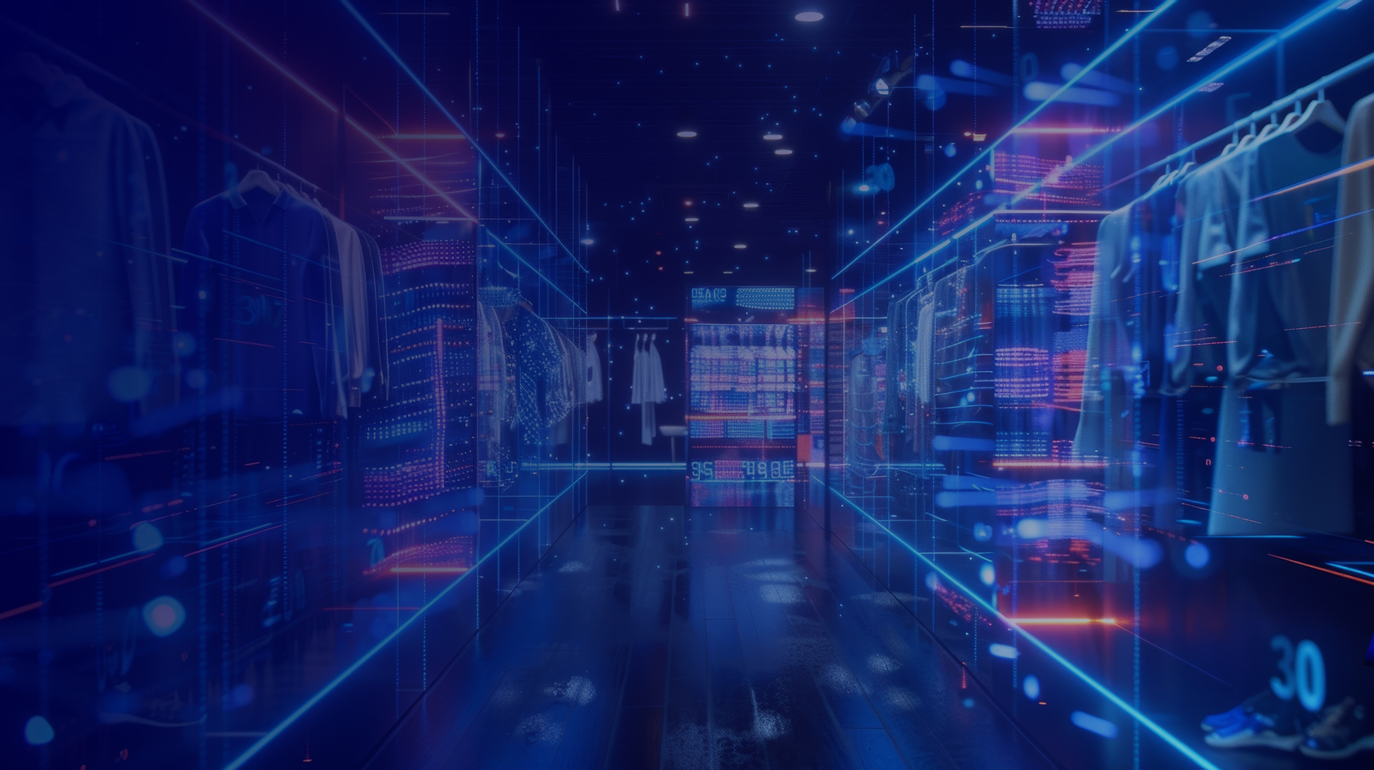 Immersive digital shopping experience showcasing clothing items with augmented reality interfaces, data visualization, and interactive displays in a futuristic retail environment