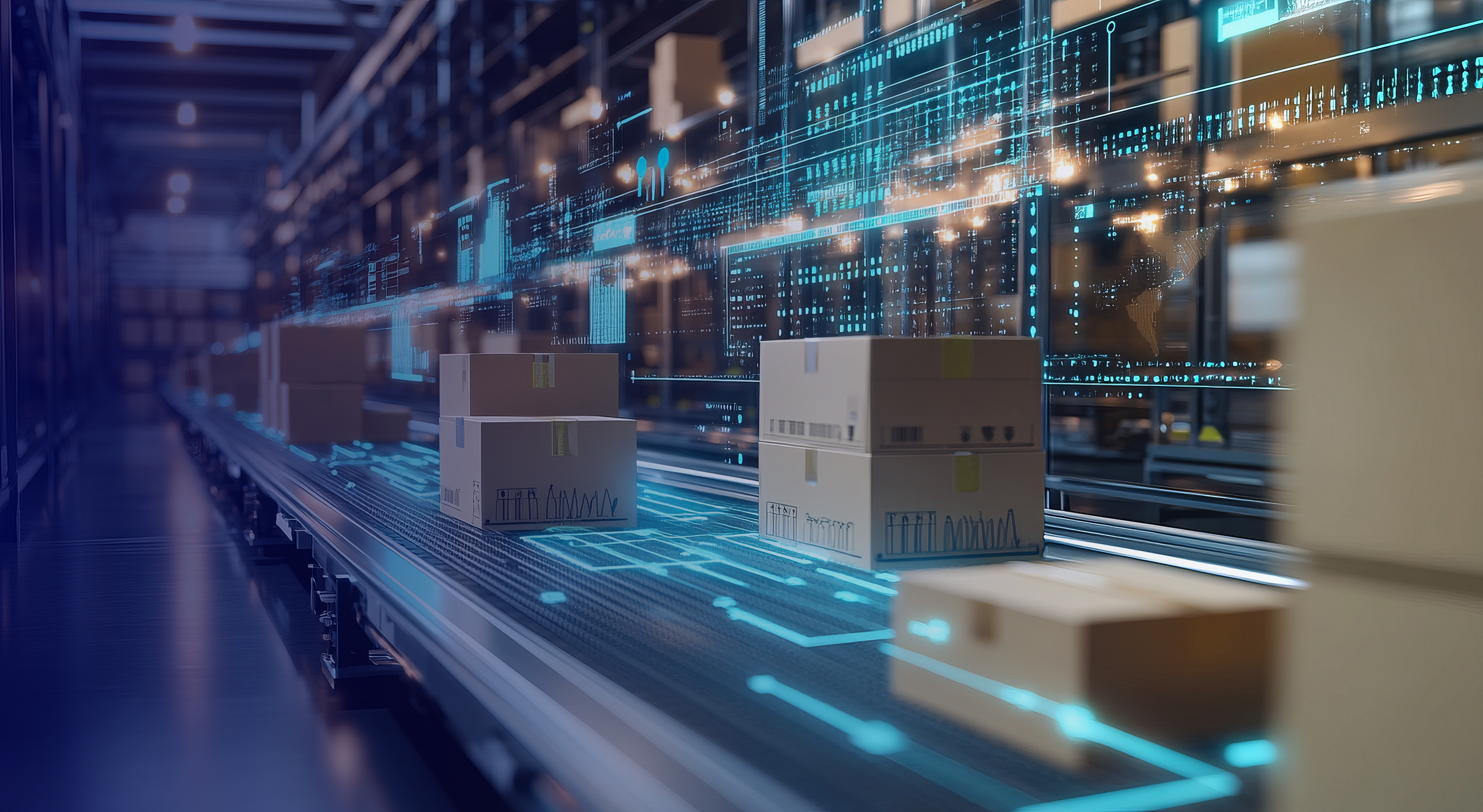 A digital rendering of cardboard boxes on an assembly line, with data and graphs overlaying them to represent the tech aspect of e-commerce's integration into logistics, symbolizing smart transparency in moving goods from point A to the engine room using AI technology. The background is a blurred view of another loading dock area. --ar 53:29 --v 6.1 Job ID: 90fee250-2746-4cfc-b57f-a4fcdc0274a9