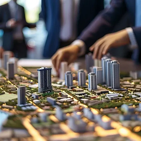 A pair of hands hovering over a model of a city landscape.