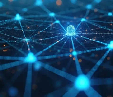 An abstract image of network of connected blue led lights over a digital board