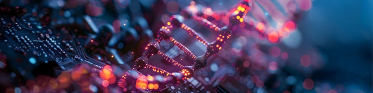 Enlarged DNA helix model in blue and pink neon light on dark background