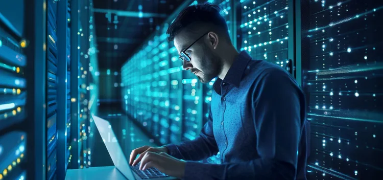 A man is working in server room