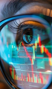 Close-up view of an eye with reflection of graphs on glasses
