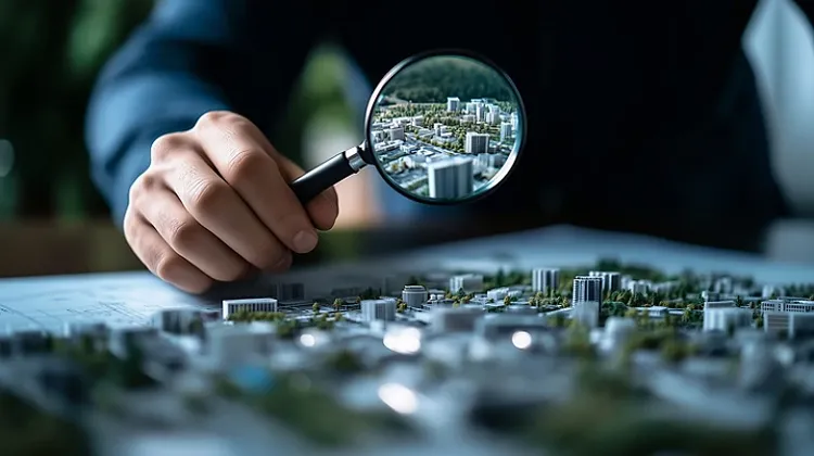 Urban planner examines detailed city map with a magnifying glass