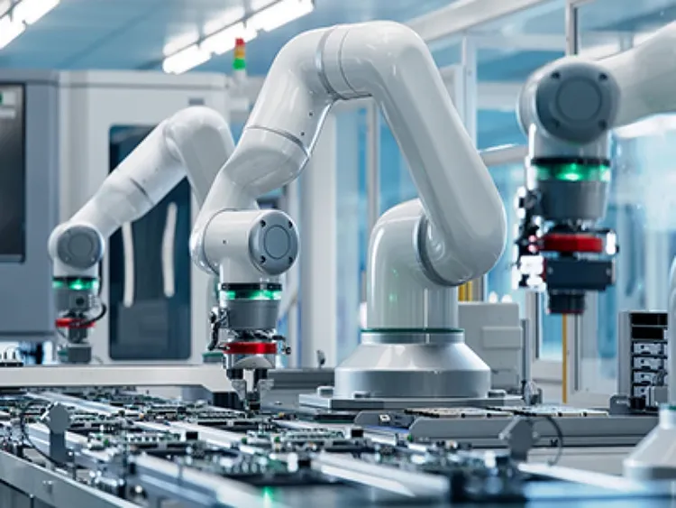 High precision robot arms at work nside a brightly lit electronics factory