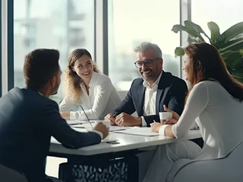 Colleagues sitting around a round table and discussing