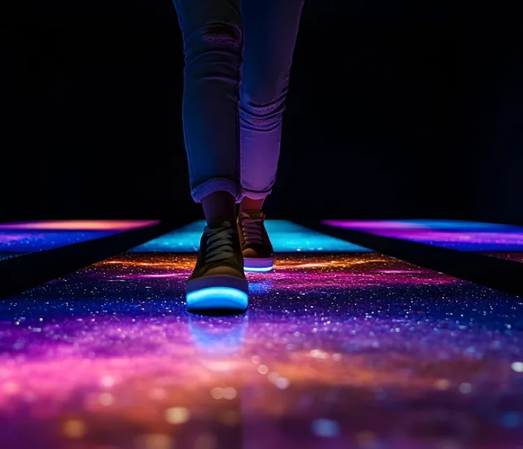 A person walking on a colorful lit glass floor