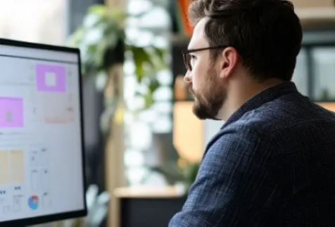 A man sitting and working on a desktop computer.