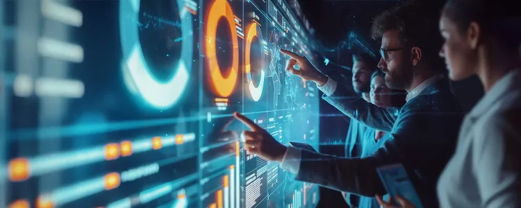 A group of people standing and studying a large digital display of data