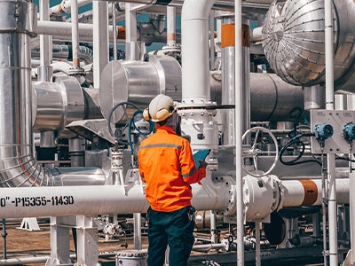 Male worker inspection exchanger afternoon of tank oil refinery pipeline plant steam vessel and column tank oil