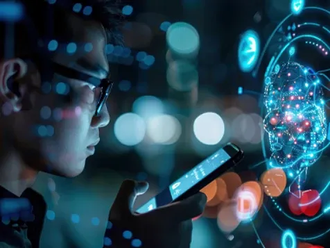 Man using AI phone, possibly for Chatbot assistant conversation