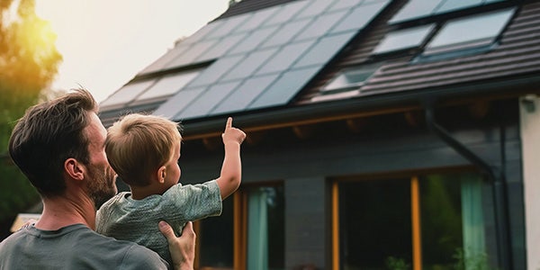 A man and child looking solar panels on the roof.