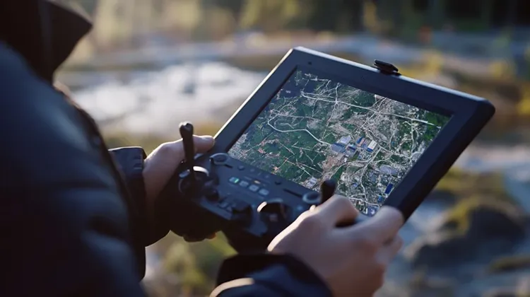 Surveyor examining land topography with a drone controller