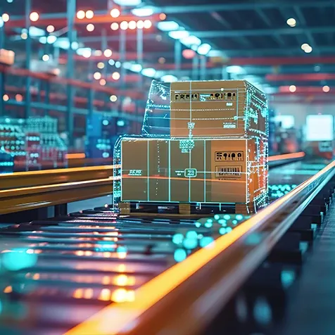 A computerized boxes of shipment on a conveyer belt in a manufacturer setting.