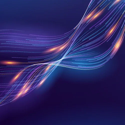 An abstract image of curving streak of lines lit in bluish colors