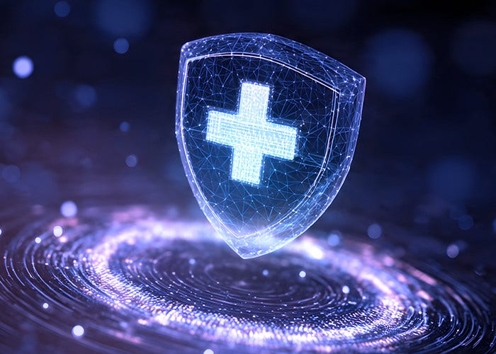 An abstract image of a security shield like glass structure hovering over circular particles that are brightly lit