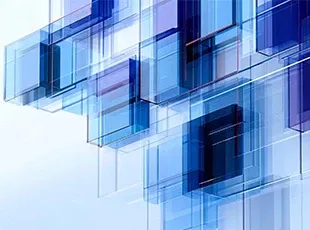 Abstract blue geometric glass squares layered in digital pattern
