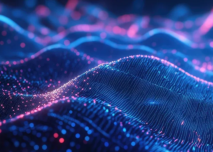Abstract image of a dotted colorful particles forming mountain peaks