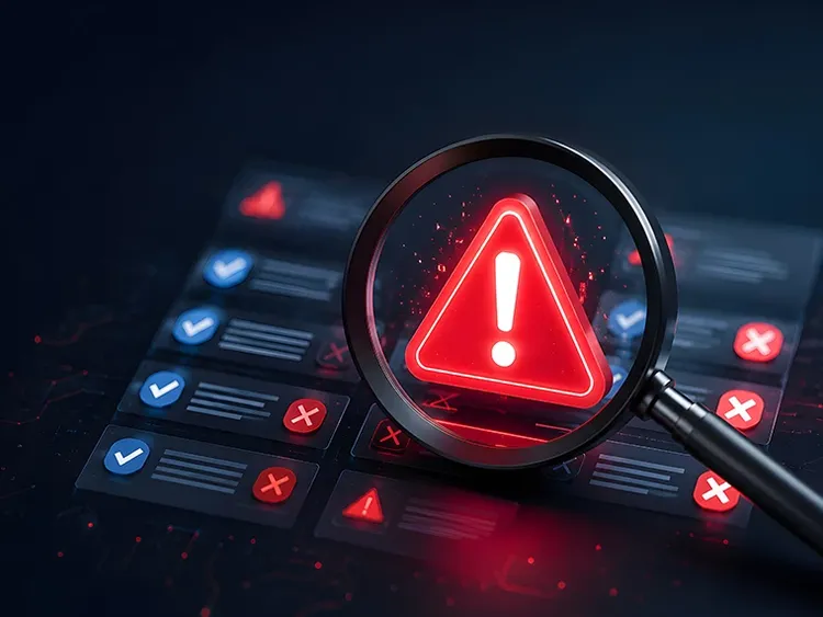 Magnifying glass highlighting a warning icon over a digital compliance checklist.