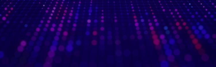 Abstract digital data grid with glowing purple and blue dots forming a futuristic network pattern