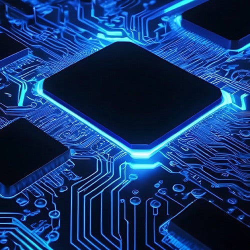 An abstract image of a circuit board lit in blue