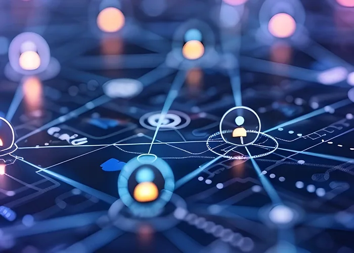 An abstract of digital icons hovering over a digital board and connected together through lines