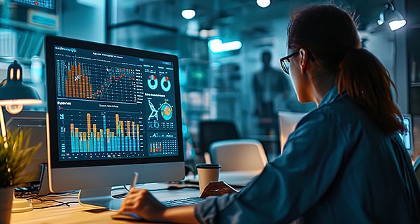 woman looking at a graph in her desktop