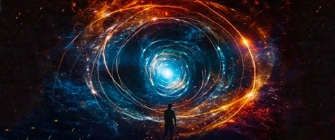 Figure stands before glowing swirl in space.