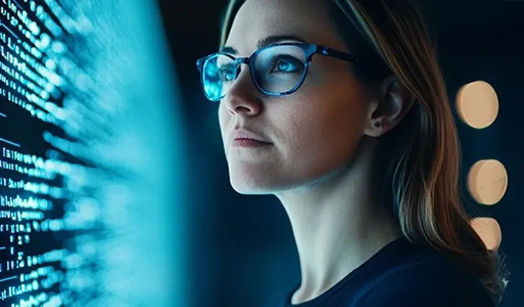 A woman looking at a digital display screen