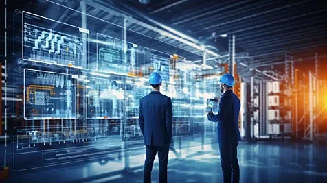 Two men in blue suits and helmets, standing in a factory, in front of a wall displaying design blueprints