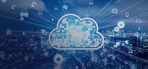 Digital cloud with light emanating from the center, against a citiscape background