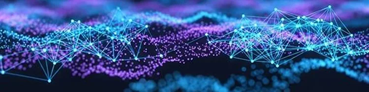 Abstract background featuring a network of interconnected lines and dots in a dynamic pattern.