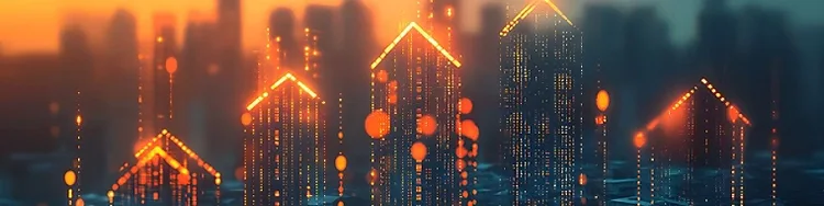 Silhouettes of houses at night outlined by red fire lights