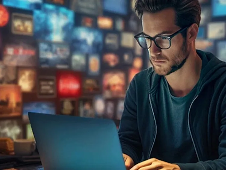 A man wearing glasses working on a laptop