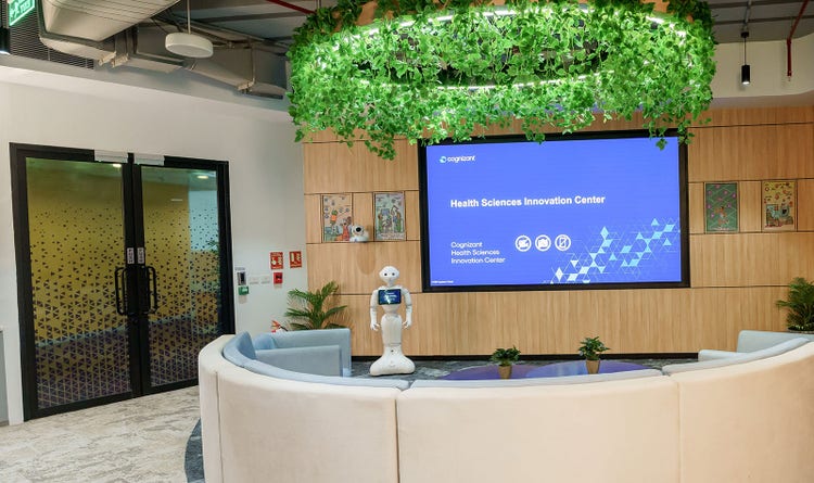 A office reception with a circular desk, complemented by green plants.